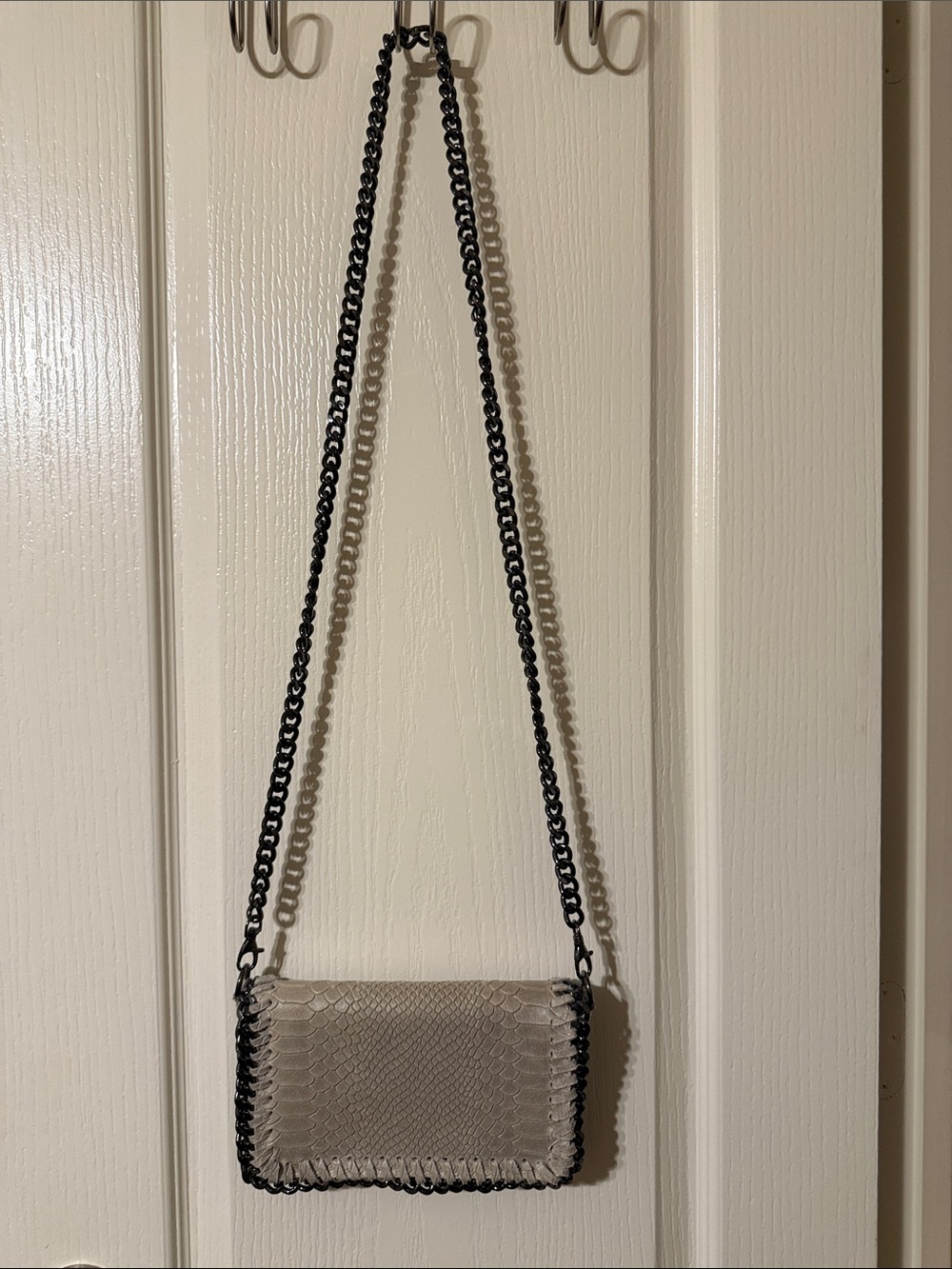 Women's Snake-Embossed Crossbody Bag in Taupe with Black Chain